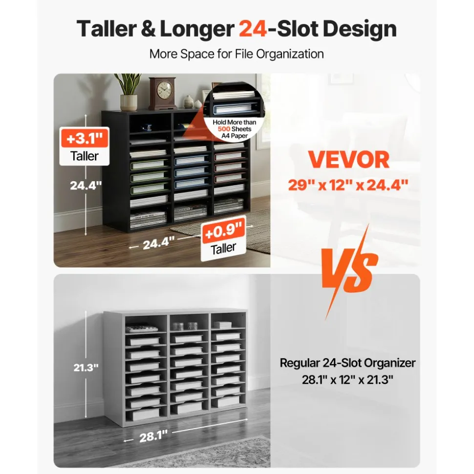 VEVOR Wood Literature Organizer, 24 Compartments, File Sorter with Removable Shelves, Mailboxes Slot for Office Home Classroom Mailrooms Organization, EPA Certified, Black