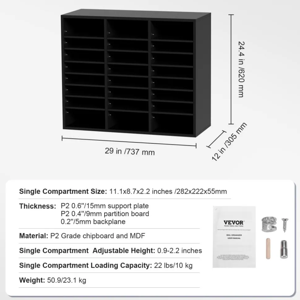 VEVOR Wood Literature Organizer, 24 Compartments, File Sorter with Removable Shelves, Mailboxes Slot for Office Home Classroom Mailrooms Organization, EPA Certified, Black