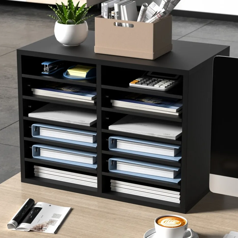 VEVOR Wood Literature Organizer, 12 Compartments, File Sorter with Removable Shelves, Mailboxes Slot for Office Home Classroom Mailrooms Organization, EPA Certified, Black
