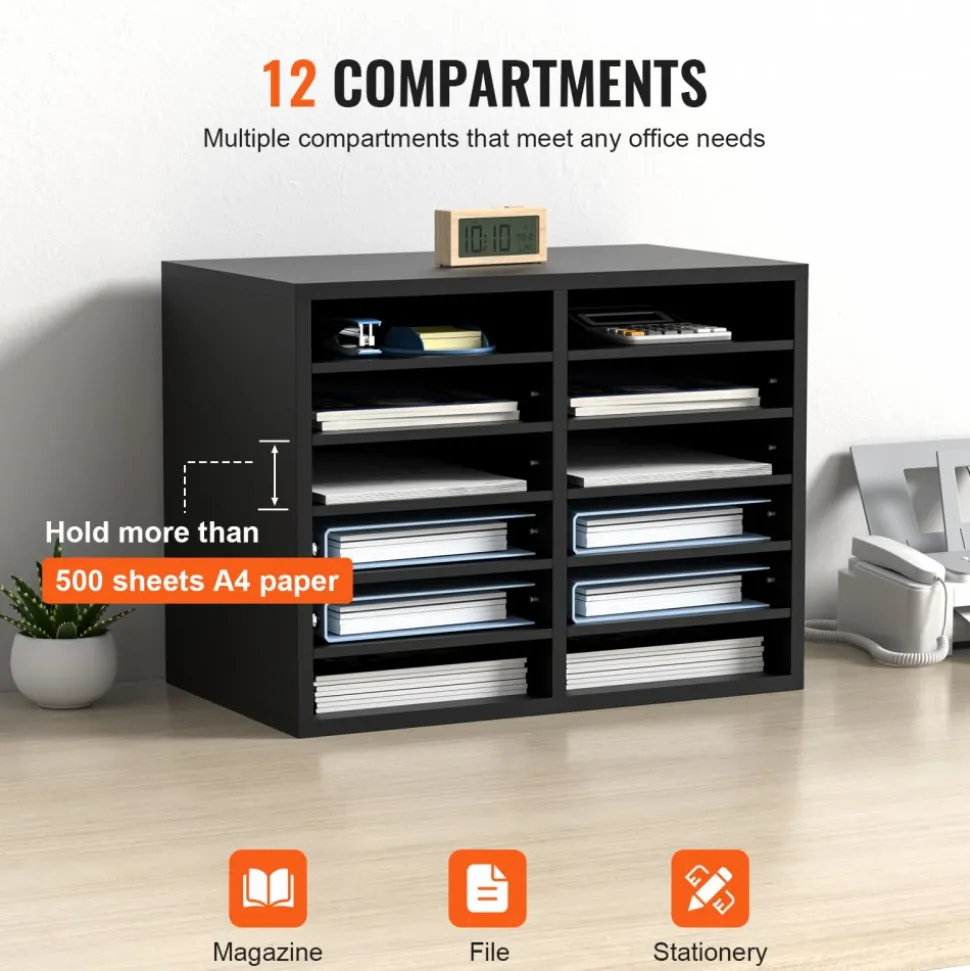 VEVOR Wood Literature Organizer, 12 Compartments, File Sorter with Removable Shelves, Mailboxes Slot for Office Home Classroom Mailrooms Organization, EPA Certified, Black