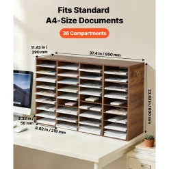 VEVOR Wood Literature Organizer 36 Compartments Office Mailboxes Brown, Countertop Literature Sorter for Files Documents Papers, with Adjustable Shelves, for Office, Home, Classroom Organization
