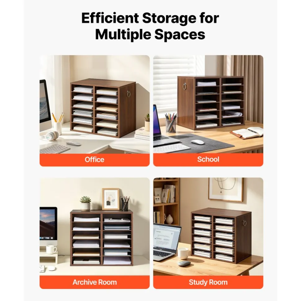 VEVOR Wood Literature Organizer 12 Compartments Office Mailboxes Brown, Countertop Literature Sorter for Files Documents Papers, with Adjustable Shelves, for Office, Home, Classroom Organization