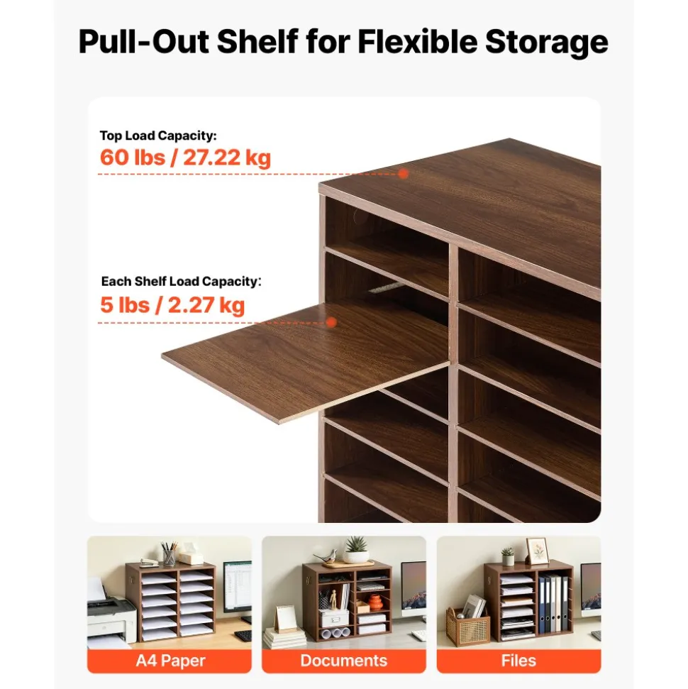 VEVOR Wood Literature Organizer 12 Compartments Office Mailboxes Brown, Countertop Literature Sorter for Files Documents Papers, with Adjustable Shelves, for Office, Home, Classroom Organization