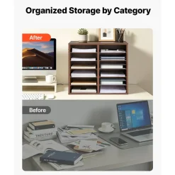 VEVOR Wood Literature Organizer 12 Compartments Office Mailboxes Brown, Countertop Literature Sorter for Files Documents Papers, with Adjustable Shelves, for Office, Home, Classroom Organization