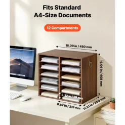 VEVOR Wood Literature Organizer 12 Compartments Office Mailboxes Brown, Countertop Literature Sorter for Files Documents Papers, with Adjustable Shelves, for Office, Home, Classroom Organization