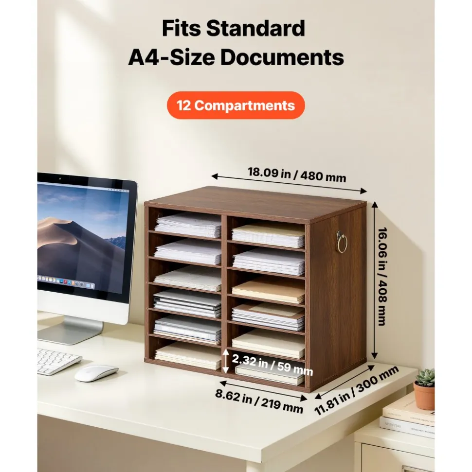 VEVOR Wood Literature Organizer 12 Compartments Office Mailboxes Brown, Countertop Literature Sorter for Files Documents Papers, with Adjustable Shelves, for Office, Home, Classroom Organization