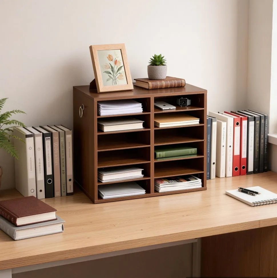 VEVOR Wood Literature Organizer 12 Compartments Office Mailboxes Brown, Countertop Literature Sorter for Files Documents Papers, with Adjustable Shelves, for Office, Home, Classroom Organization