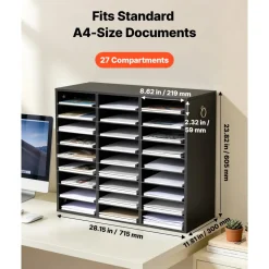 VEVOR Wood Literature Organizer 27 Compartments Office Mailboxes Black, Countertop Literature Sorter for Files Documents Papers, with Adjustable Shelves, for Office, Home, Classroom Organization