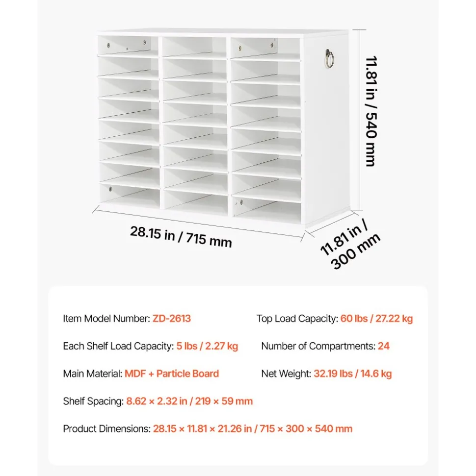 VEVOR Wood Literature Organizer 24 Compartments Office Mailboxes White, Countertop Literature Sorter for Files Documents Papers, with Adjustable Shelves, for Office, Home, Classroom Organization
