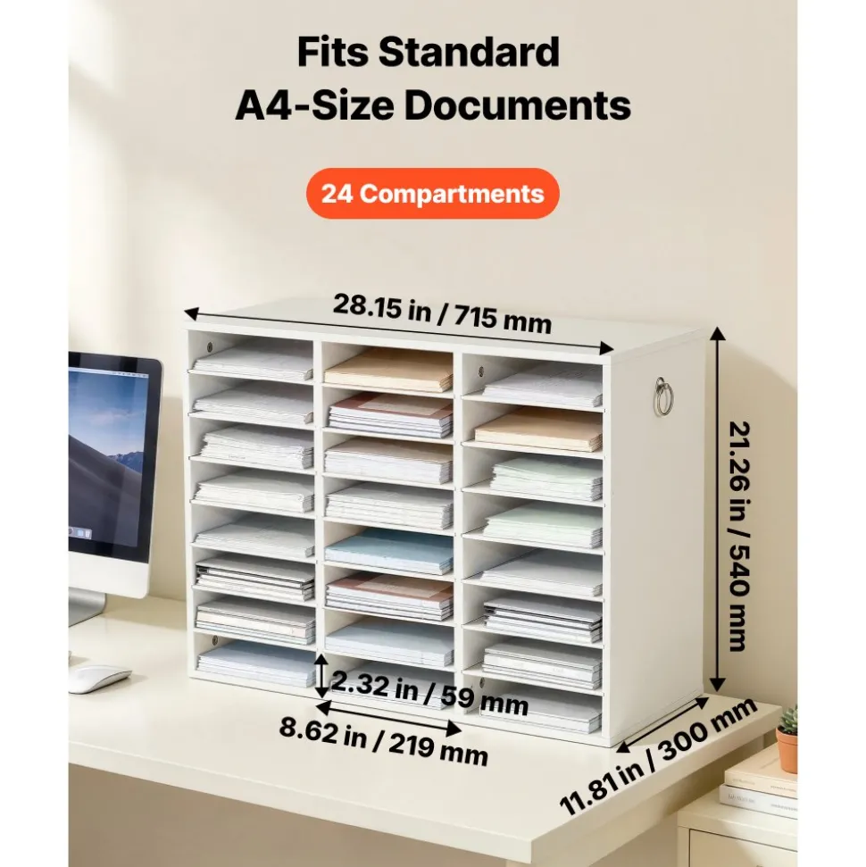 VEVOR Wood Literature Organizer 24 Compartments Office Mailboxes White, Countertop Literature Sorter for Files Documents Papers, with Adjustable Shelves, for Office, Home, Classroom Organization