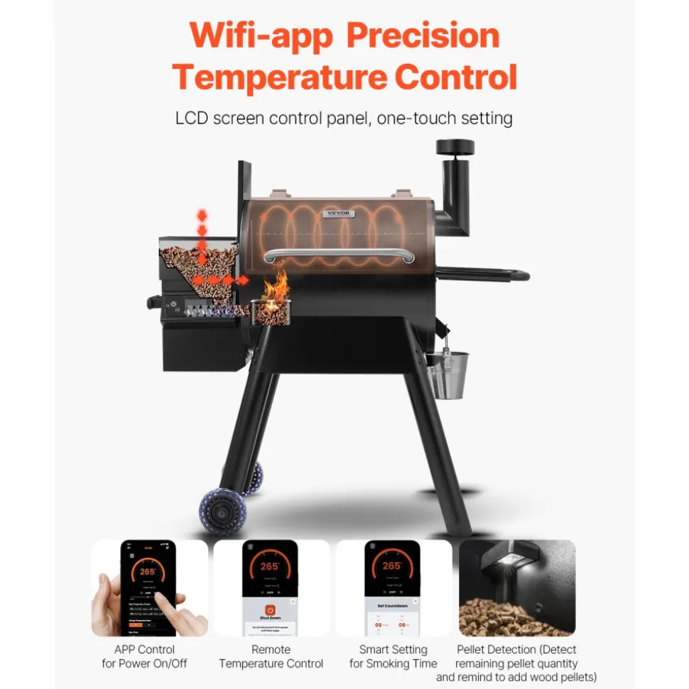 VEVOR Wood Pellet Grill Smoker, 8 in 1 BBQ Grills for Outdoor Cooking, 575 Square Inches Cook Area Electric Smokers, with WiFi-app Control, LCD Screen Controller, Meat Probe, 500°F Max Temperature