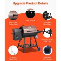 VEVOR Wood Pellet Grill Smoker, 8 in 1 BBQ Grills for Outdoor Cooking, 575 Square Inches Cook Area Electric Grill and Smoker, with LCD Screen Controller, Meat Probe, 500°F Max Temperature, Black