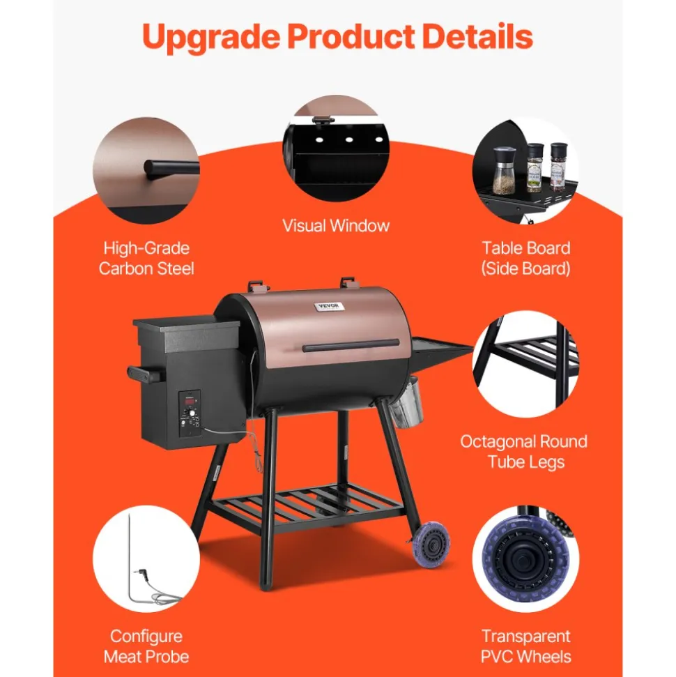VEVOR Wood Pellet Grill Smoker, 8 in 1 BBQ Grills for Outdoor Cooking, 575 Square Inches Cook Area Electric Grill and Smoker, with LCD Screen Controller, Meat Probe, 500°F Max Temperature, Black