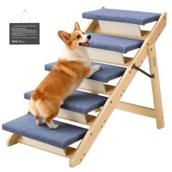 VEVOR Wood Pet Stairs, 5-Step Dog Stairs for Beds, Sofa & Cars, 150lbs Load Capacity, Floded Flat Design, Stable & Sturdy Cat & Dog Step Ladder for Small Medium Large Older Pet Puppy Essentials