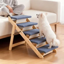 VEVOR Wood Pet Stairs, 5-Step Dog Stairs for Beds, Sofa & Cars, 150lbs Load Capacity, Floded Flat Design, Stable & Sturdy Cat & Dog Step Ladder for Small Medium Large Older Pet Puppy Essentials