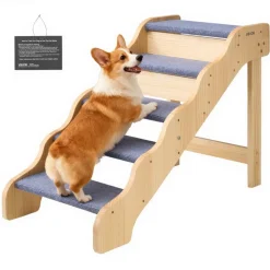 VEVOR Wood Pet Stairs, 5-Step Dog Stairs for High Beds, Sofa & Cars, 150lbs Load Capacity, Non-Slip Surface, Stable Cat & Dog Step Ladder for Small Medium Large Older Pet Puppy Essentials