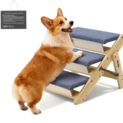 VEVOR Wood Pet Stairs, 3-Step Dog Stairs for Beds, Sofa & Cars, 150lbs Load Capacity, Floded Flat Design, Stable & Sturdy Cat & Dog Step Ladder for Small Medium Large Older Pet Puppy Essentials