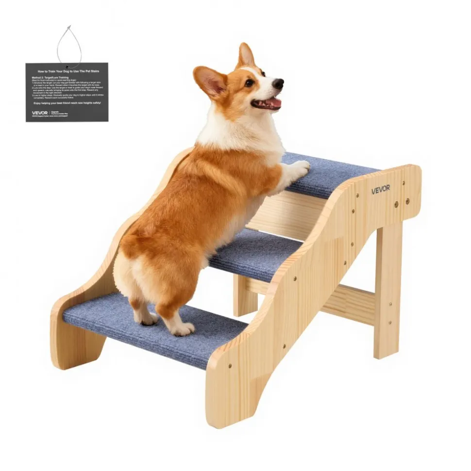 VEVOR Wood Pet Stairs, 3-Step Dog Stairs for High Beds, Sofa & Cars, 150lbs Load Capacity, Non-Slip Surface, Stable Cat & Dog Step Ladder for Small Medium Large Older Pet Puppy Essentials