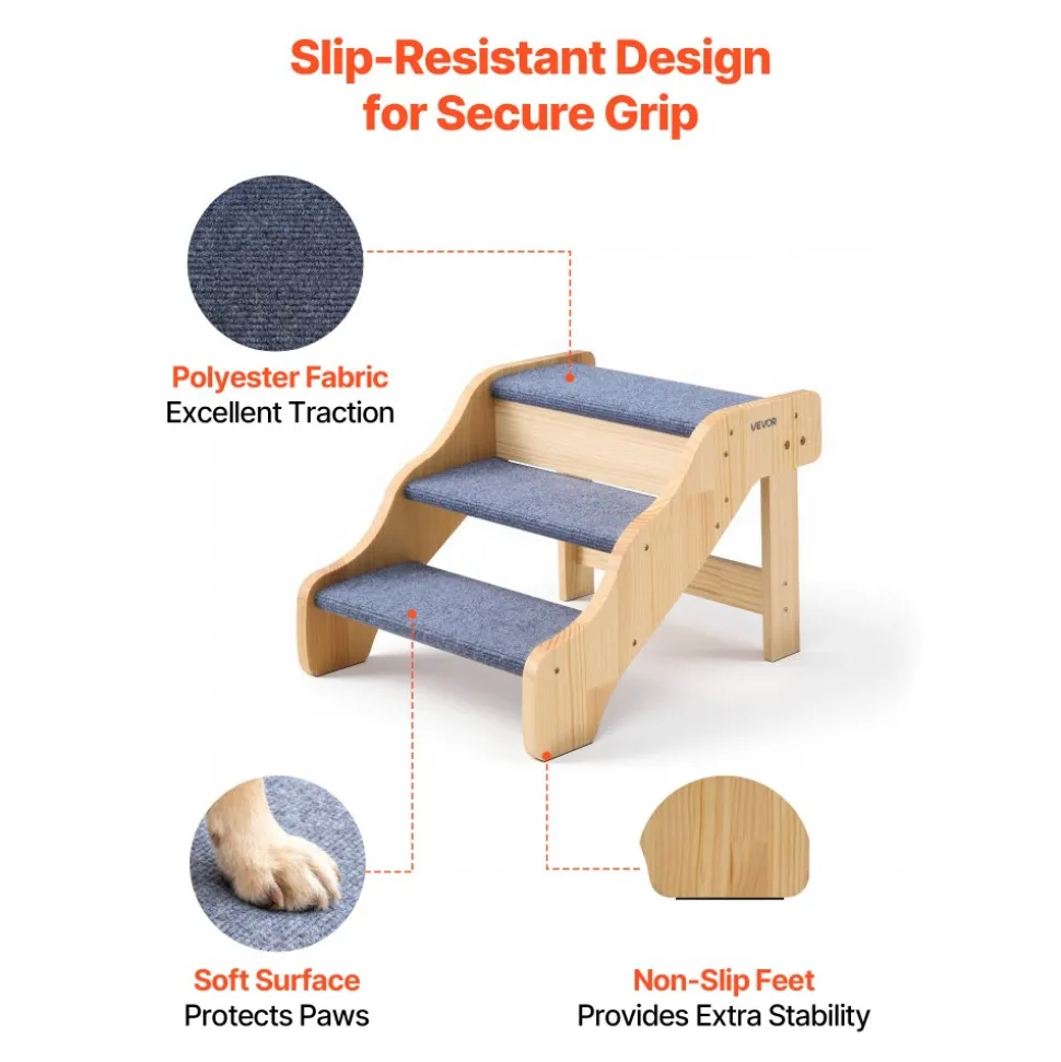 VEVOR Wood Pet Stairs, 3-Step Dog Stairs for High Beds, Sofa & Cars, 150lbs Load Capacity, Non-Slip Surface, Stable Cat & Dog Step Ladder for Small Medium Large Older Pet Puppy Essentials