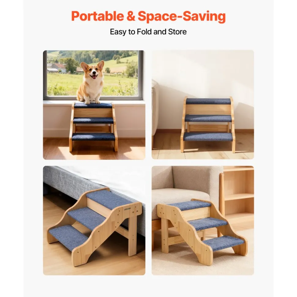 VEVOR Wood Pet Stairs, 3-Step Dog Stairs for High Beds, Sofa & Cars, 150lbs Load Capacity, Non-Slip Surface, Stable Cat & Dog Step Ladder for Small Medium Large Older Pet Puppy Essentials