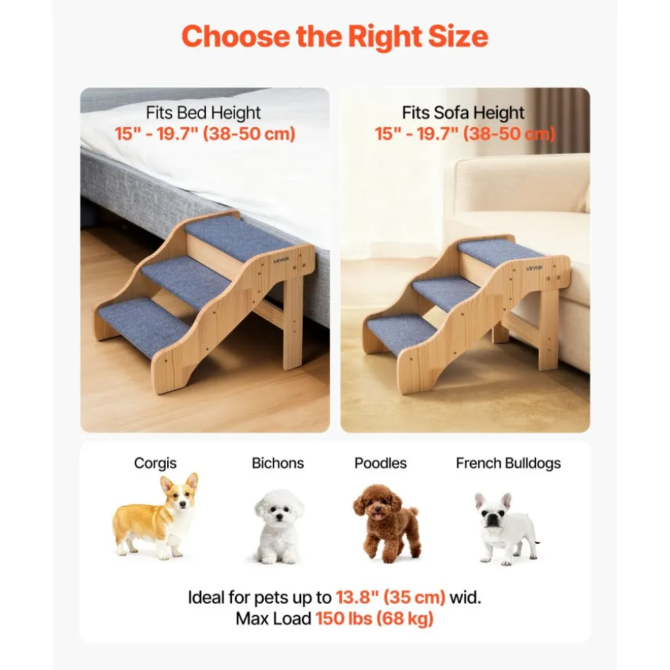 VEVOR Wood Pet Stairs, 3-Step Dog Stairs for High Beds, Sofa & Cars, 150lbs Load Capacity, Non-Slip Surface, Stable Cat & Dog Step Ladder for Small Medium Large Older Pet Puppy Essentials