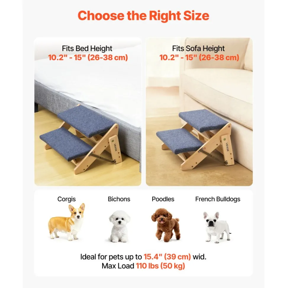 VEVOR Wood Pet Stairs, 2-Step Dog Stairs for Beds, Sofa & Cars, 110lbs Load Capacity, Floded Flat Design, Stable & Sturdy Cat & Dog Step Ladder for Small Medium Large Older Pet Puppy Essentials