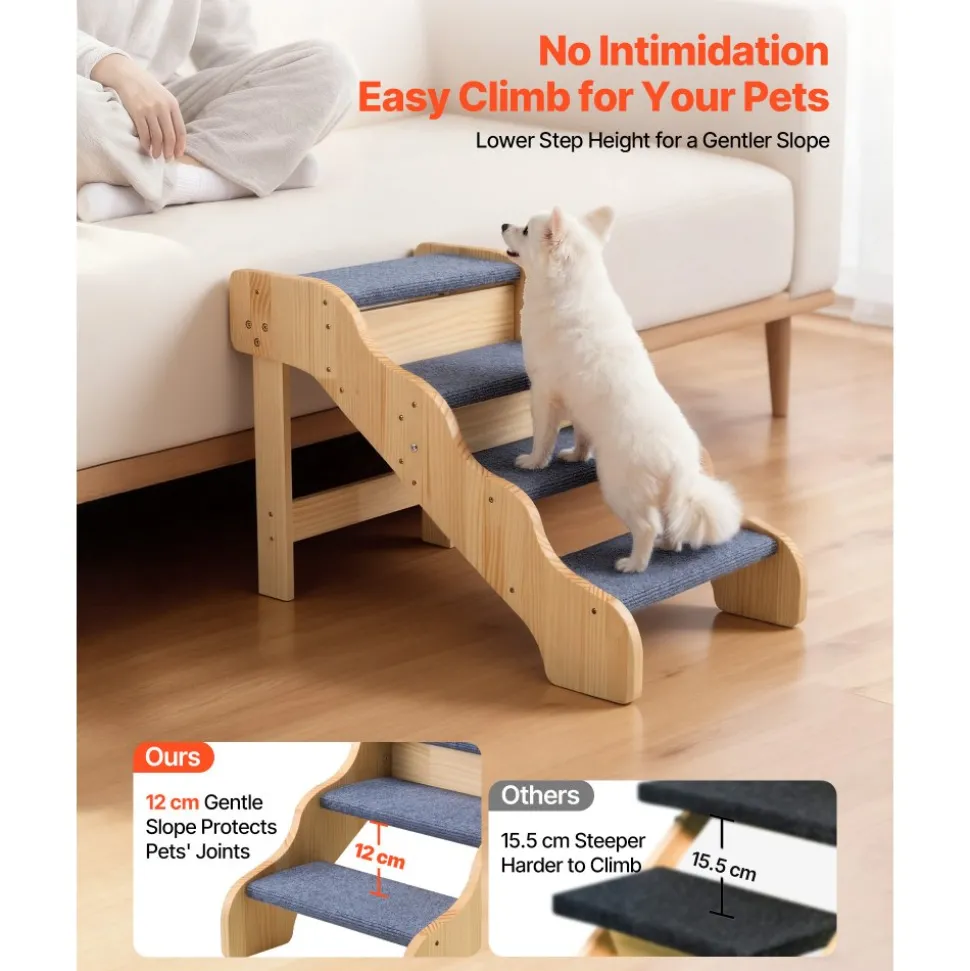 VEVOR Wood Pet Stairs, 4-Step Dog Stairs for High Beds, Sofa & Cars, 150lbs Load Capacity, Non-Slip Surface, Stable Cat & Dog Step Ladder for Small Medium Large Older Pet Puppy Essentials