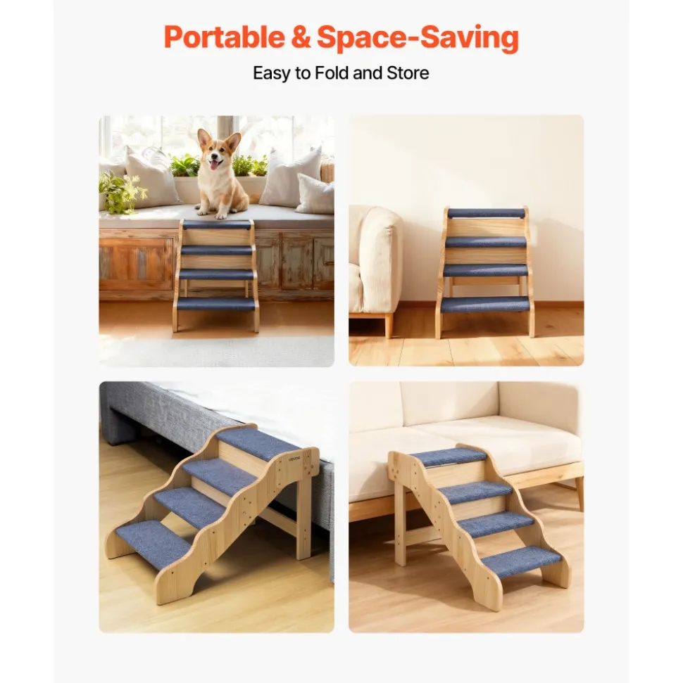 VEVOR Wood Pet Stairs, 4-Step Dog Stairs for High Beds, Sofa & Cars, 150lbs Load Capacity, Non-Slip Surface, Stable Cat & Dog Step Ladder for Small Medium Large Older Pet Puppy Essentials