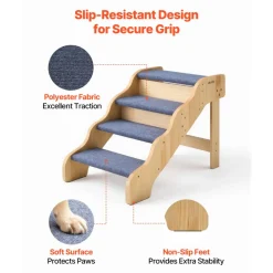 VEVOR Wood Pet Stairs, 4-Step Dog Stairs for High Beds, Sofa & Cars, 150lbs Load Capacity, Non-Slip Surface, Stable Cat & Dog Step Ladder for Small Medium Large Older Pet Puppy Essentials