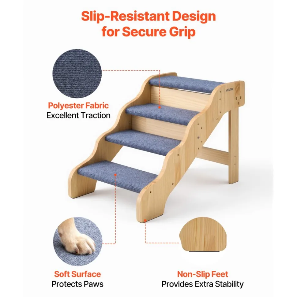 VEVOR Wood Pet Stairs, 4-Step Dog Stairs for High Beds, Sofa & Cars, 150lbs Load Capacity, Non-Slip Surface, Stable Cat & Dog Step Ladder for Small Medium Large Older Pet Puppy Essentials