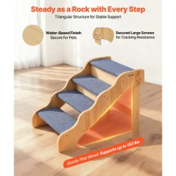 VEVOR Wood Pet Stairs, 4-Step Dog Stairs for High Beds, Sofa & Cars, 150lbs Load Capacity, Non-Slip Surface, Stable Cat & Dog Step Ladder for Small Medium Large Older Pet Puppy Essentials