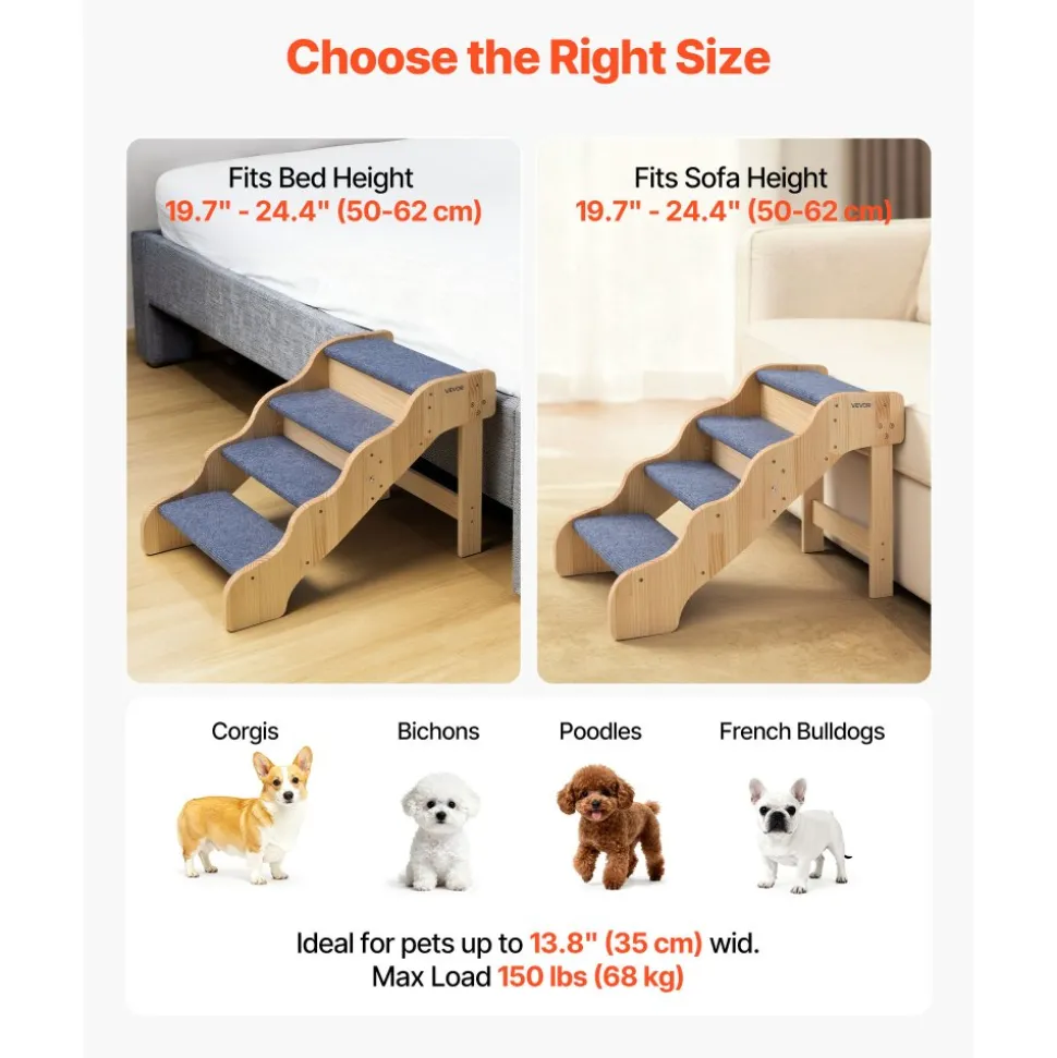 VEVOR Wood Pet Stairs, 4-Step Dog Stairs for High Beds, Sofa & Cars, 150lbs Load Capacity, Non-Slip Surface, Stable Cat & Dog Step Ladder for Small Medium Large Older Pet Puppy Essentials