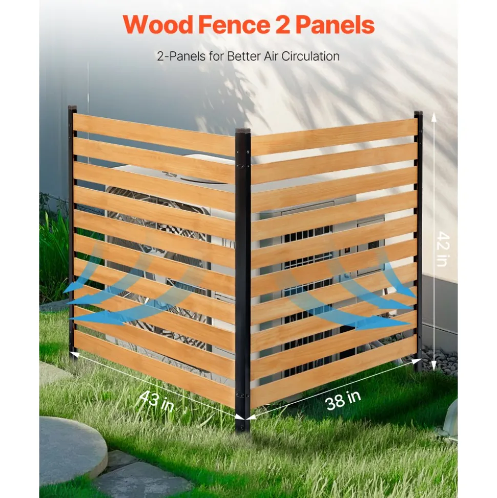 VEVOR Wood Privacy Fence, 38" W x 42" L, 2-Panel Slatted Air Conditioner Fence Screen, Pool Equipment Enclosure with Metal Stakes, Easy DIY Installation, Outdoor Trash Can Hider for Garden Decoration