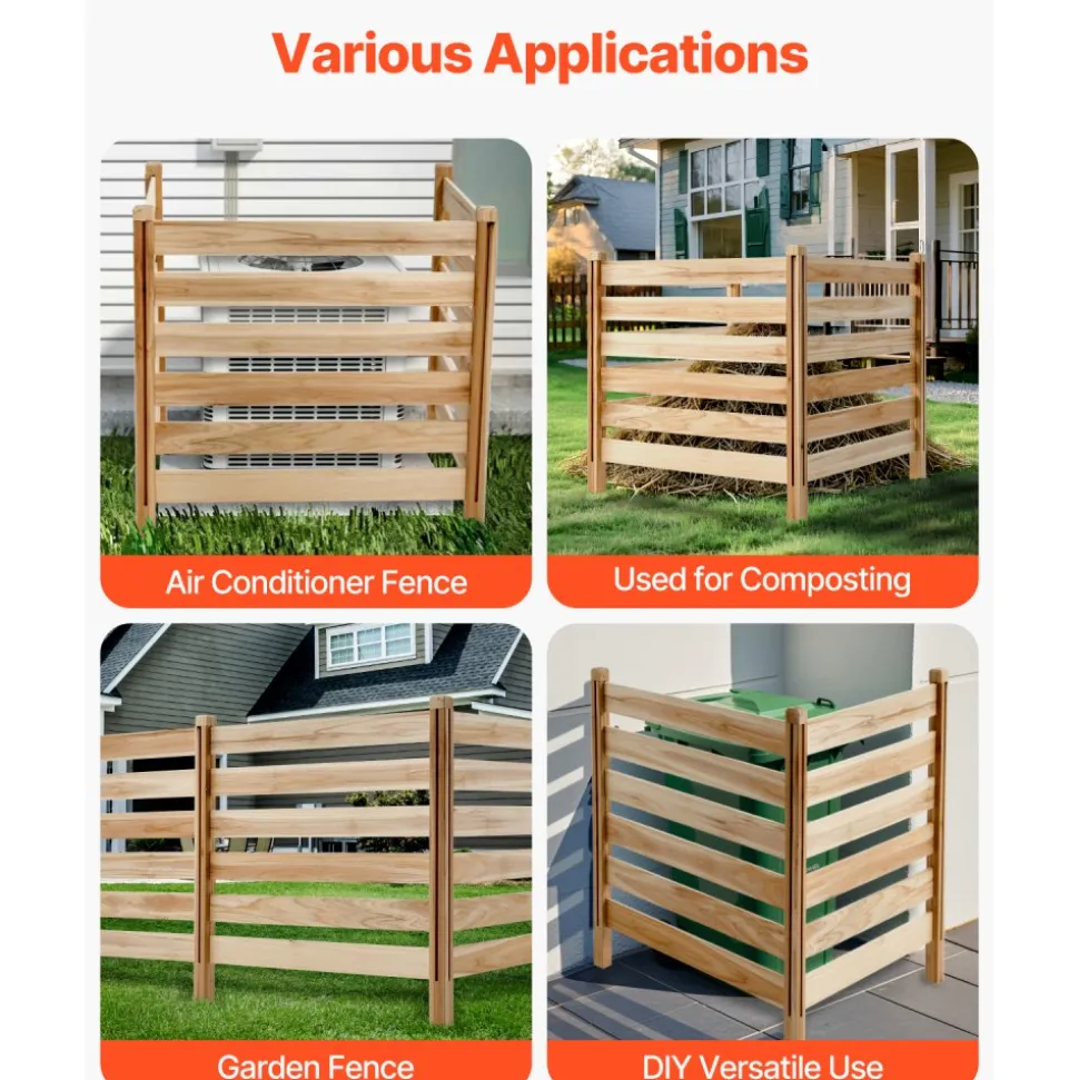 VEVOR Wood Privacy Fence, 38" W x 36" L, 3 Panel Slatted Air Conditioner Fence Screen, Pool Equipment Enclosure with Metal Stakes, Easy DIY Installation, Outdoor Trash Can Hider for Garden Decoration