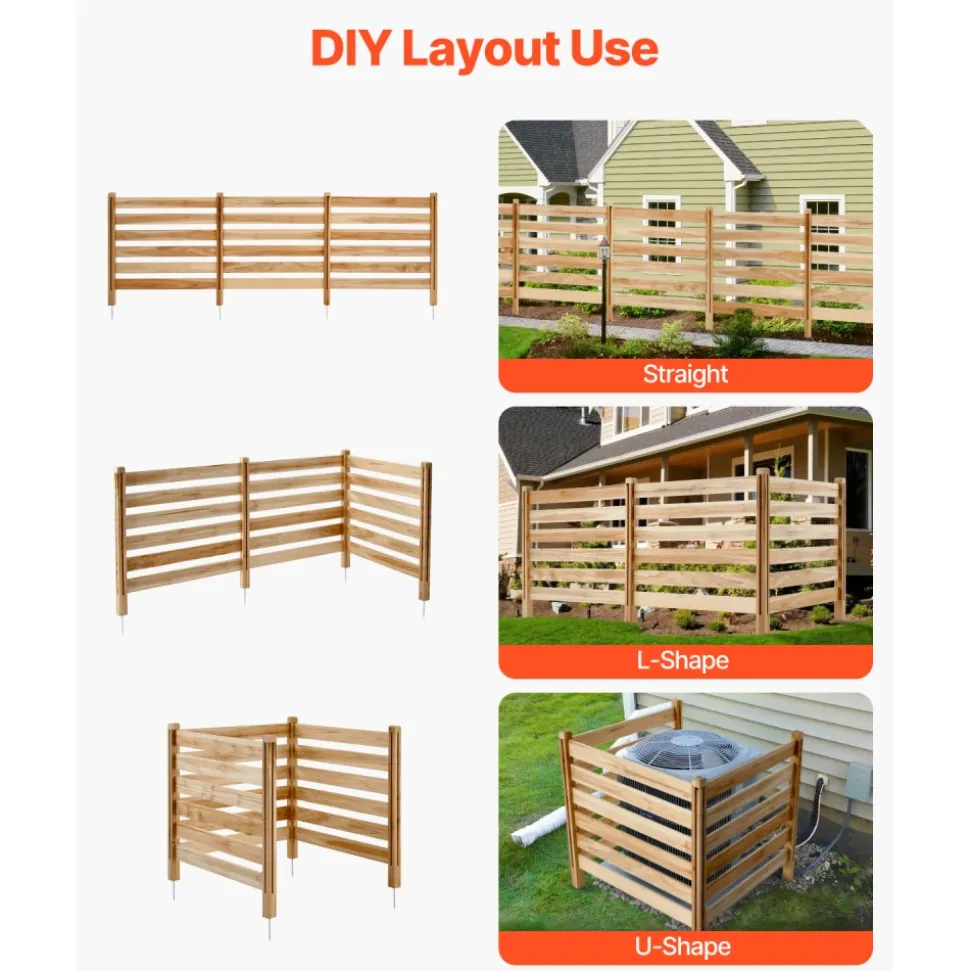 VEVOR Wood Privacy Fence, 38" W x 36" L, 3 Panel Slatted Air Conditioner Fence Screen, Pool Equipment Enclosure with Metal Stakes, Easy DIY Installation, Outdoor Trash Can Hider for Garden Decoration