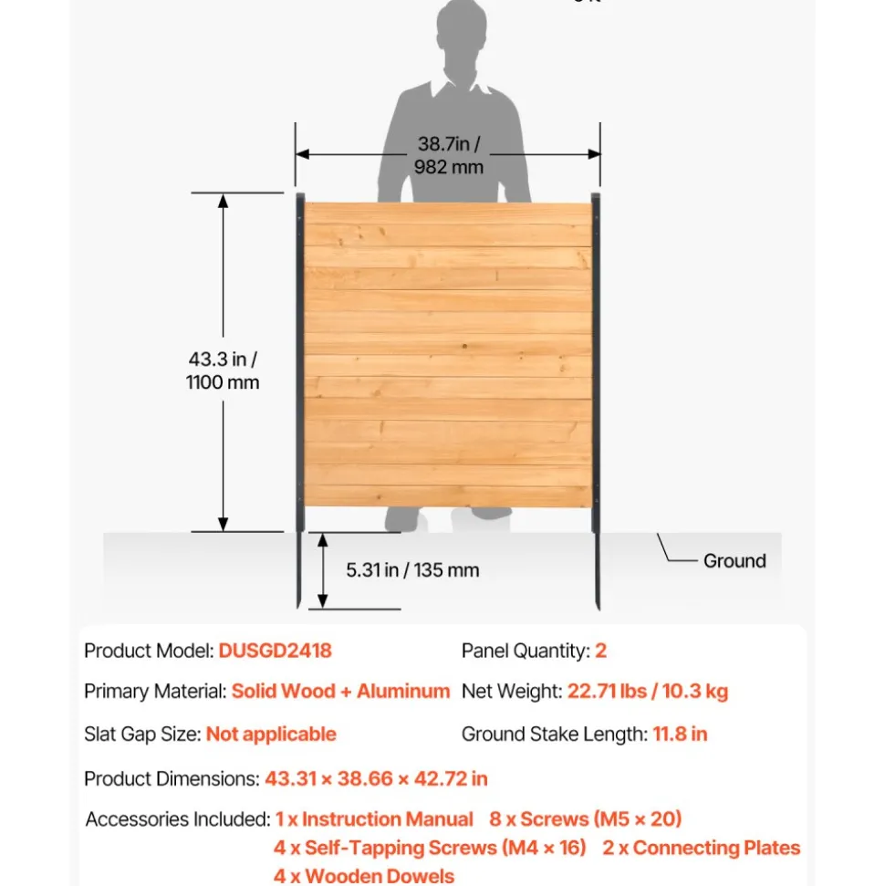 VEVOR Wood Privacy Fence, 38" W x 42" L, 2 Panel Solid Air Conditioner Fence Screen, Pool Equipment Enclosure with Metal Stakes, Easy DIY Installation, Outdoor Trash Can Hider for Garden Decoration