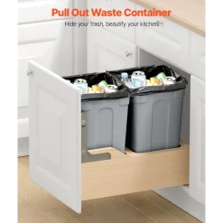 VEVOR Wood Pullout Trash Can for Kitchen Cabinets, 35 QT x2 Double Under Sink Garbage Waste Recycling Bin, Under Mount Waste Container, with Heavy Duty Metal Soft Close Sliding System and Door Kit