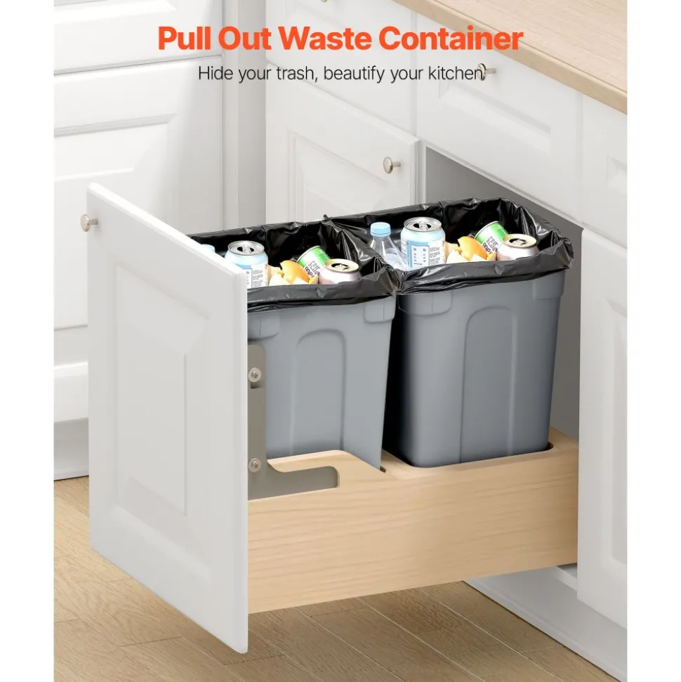 VEVOR Wood Pullout Trash Can for Kitchen Cabinets, 35 QT x2 Double Under Sink Garbage Waste Recycling Bin, Under Mount Waste Container, with Heavy Duty Metal Soft Close Sliding System and Door Kit