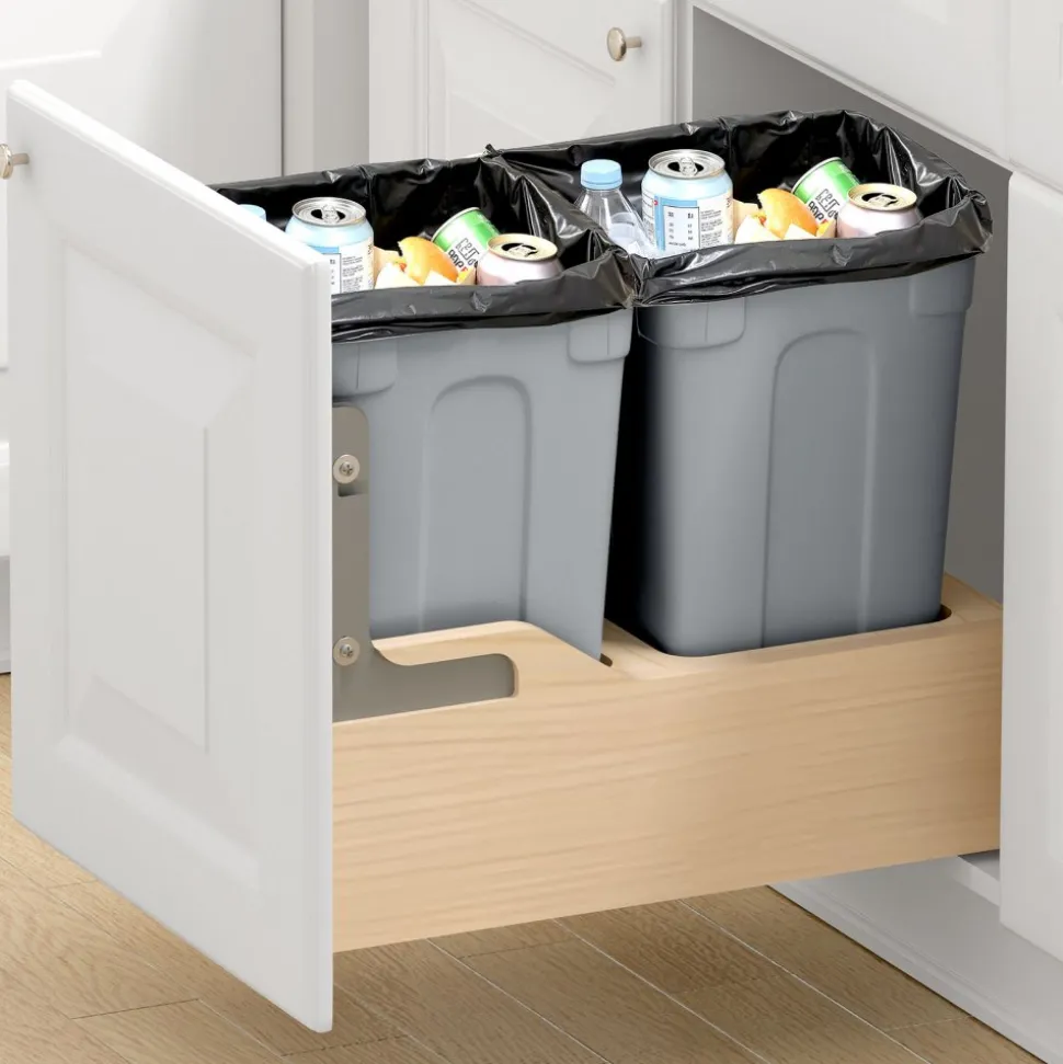 VEVOR Wood Pullout Trash Can for Kitchen Cabinets, 35 QT x2 Double Under Sink Garbage Waste Recycling Bin, Under Mount Waste Container, with Heavy Duty Metal Soft Close Sliding System and Door Kit