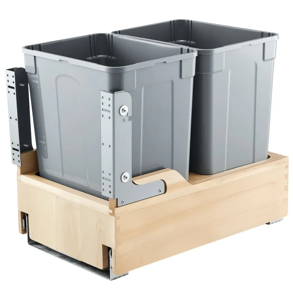 VEVOR Wood Pullout Trash Can for Kitchen Cabinets, 35 QT x2 Double Under Sink Garbage Waste Recycling Bin, Under Mount Waste Container, with Heavy Duty Metal Soft Close Sliding System and Door Kit
