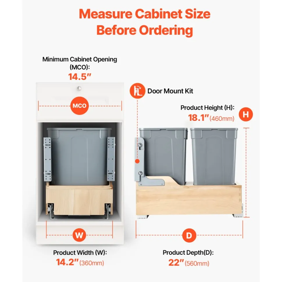 VEVOR Wood Pullout Trash Can for Kitchen Cabinets, 35 QT x2 Double Under Sink Garbage Waste Recycling Bin, Under Mount Waste Container, with Heavy Duty Metal Soft Close Sliding System and Door Kit