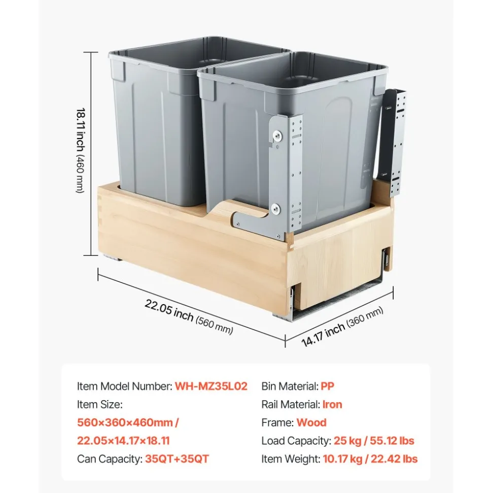 VEVOR Wood Pullout Trash Can for Kitchen Cabinets, 35 QT x2 Double Under Sink Garbage Waste Recycling Bin, Under Mount Waste Container, with Heavy Duty Metal Soft Close Sliding System and Door Kit