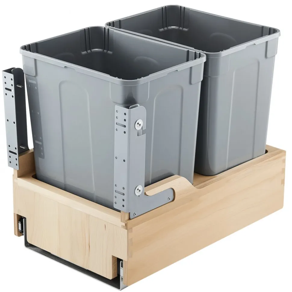 VEVOR Wood Pullout Trash Can for Kitchen Cabinets, 35 QT x2 Double Under Sink Garbage Waste Recycling Bin, Under Mount Waste Container, with Heavy Duty Metal Soft Close Sliding System and Door Kit