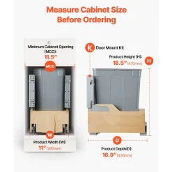VEVOR Wood Pullout Trash Can for Kitchen Cabinets, 35 QT Garbage Waste Recycling Bin, Under Mount Waste Container, with Heavy Duty Metal Soft Close Sliding System, Door Kit, for Sink, Under Counter