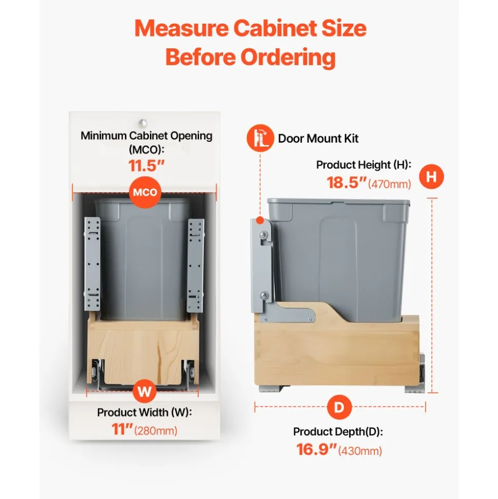 VEVOR Wood Pullout Trash Can for Kitchen Cabinets, 35 QT Garbage Waste Recycling Bin, Under Mount Waste Container, with Heavy Duty Metal Soft Close Sliding System, Door Kit, for Sink, Under Counter