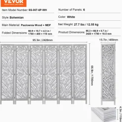 VEVOR Wood Room Divider, 6 Panel Wood Folding Privacy Screen, 66.9 Inches Tall Indoor Carved Partition Divider, Portable Decoration Screen, for Room Separation, Home, Office, Restaurant & Bedroom