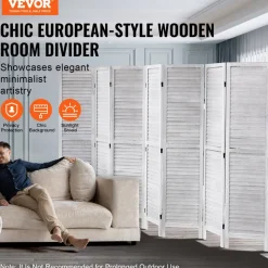 VEVOR Wood Room Divider, 8 Panel Wood Folding Privacy Screen, 66.9 Inches Tall Indoor Louvered Wooden Partition, Portable Decoration Screen, for Room Separation, Home, Office, Restaurant & Bedroom
