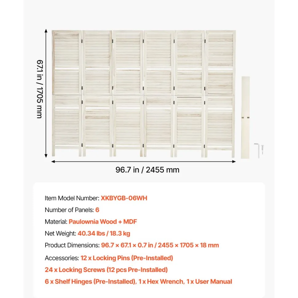 VEVOR Wood Room Divider 6 Panels Wood Folding Privacy Screen with Shelves, For Room Separation & Home Decor, 67.1 in Tall, Solid Frame, 360° Two-Way Hinges, Louvered Wooden Partition with Hardware