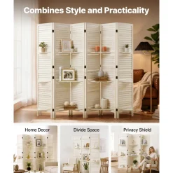 VEVOR Wood Room Divider 6 Panels Wood Folding Privacy Screen with Shelves, For Room Separation & Home Decor, 67.1 in Tall, Solid Frame, 360° Two-Way Hinges, Louvered Wooden Partition with Hardware