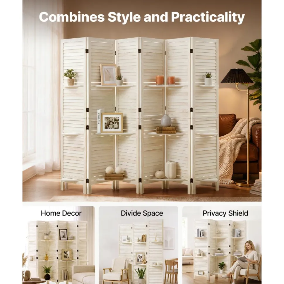 VEVOR Wood Room Divider 6 Panels Wood Folding Privacy Screen with Shelves, For Room Separation & Home Decor, 67.1 in Tall, Solid Frame, 360° Two-Way Hinges, Louvered Wooden Partition with Hardware